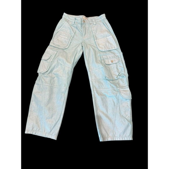 Free People Lap of Luxury Barrel Cargo Jeans Aqua Marine Metallic Size 27 NWOT - Picture 9 of 14